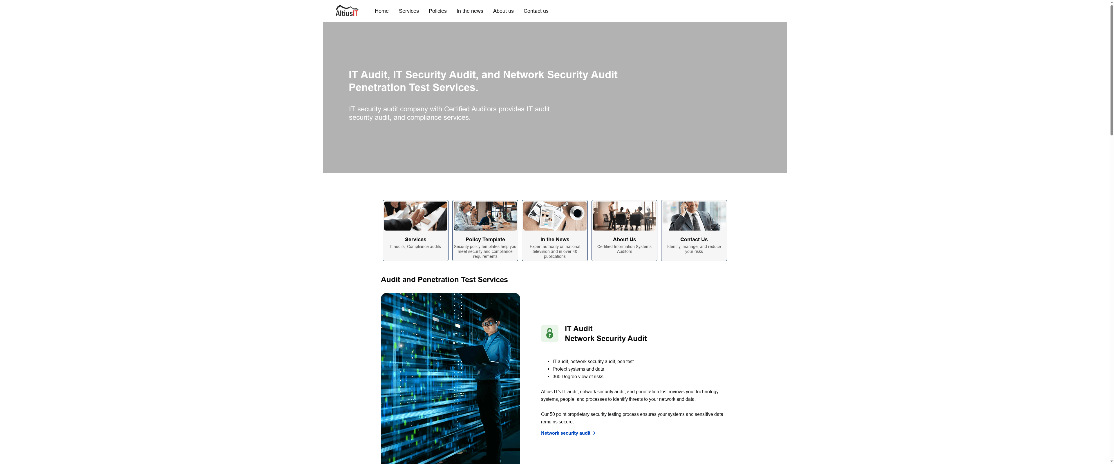 IT security audit professional analyzing data on a digital screen, emphasizing cybersecurity and compliance services.