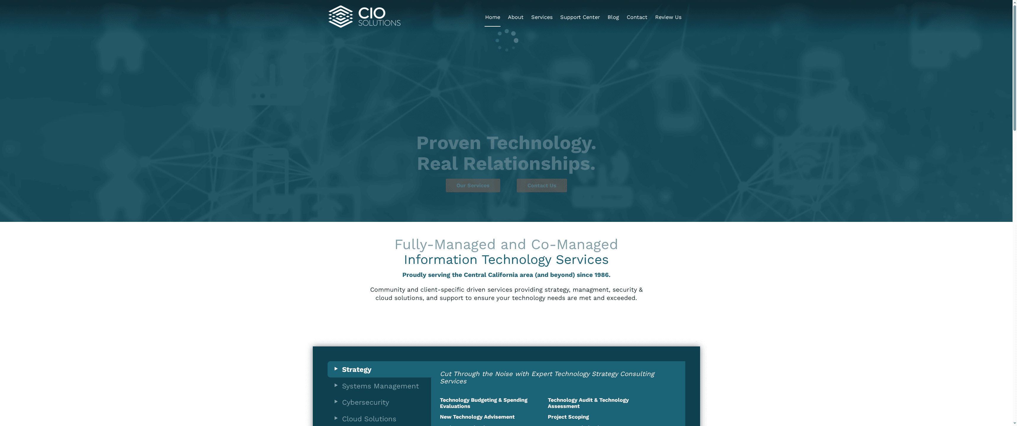 CIO Solutions website showcasing fully-managed IT services with a focus on security and technology management for Central California organizations.