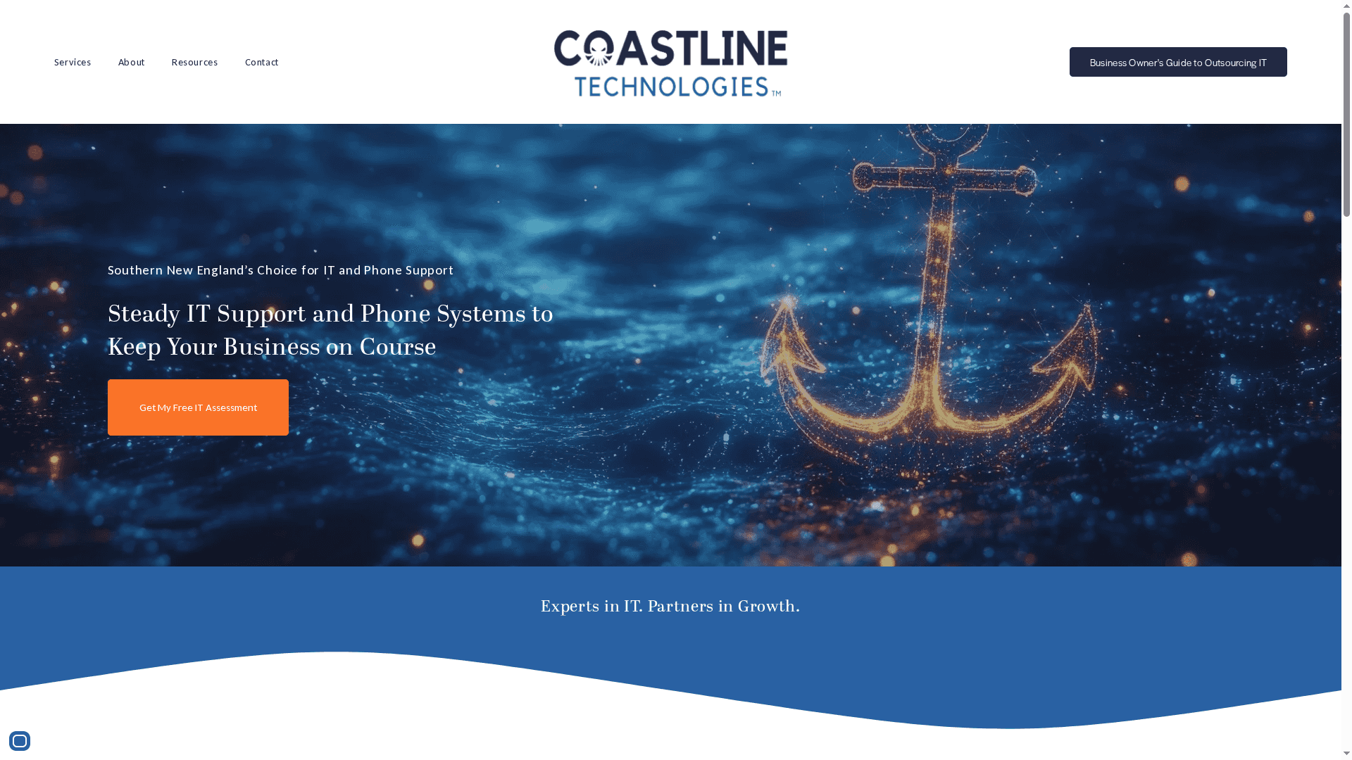 Coastline Technologies logo with a glowing anchor on a blue background, representing local IT and VoIP support for small and medium-sized businesses.