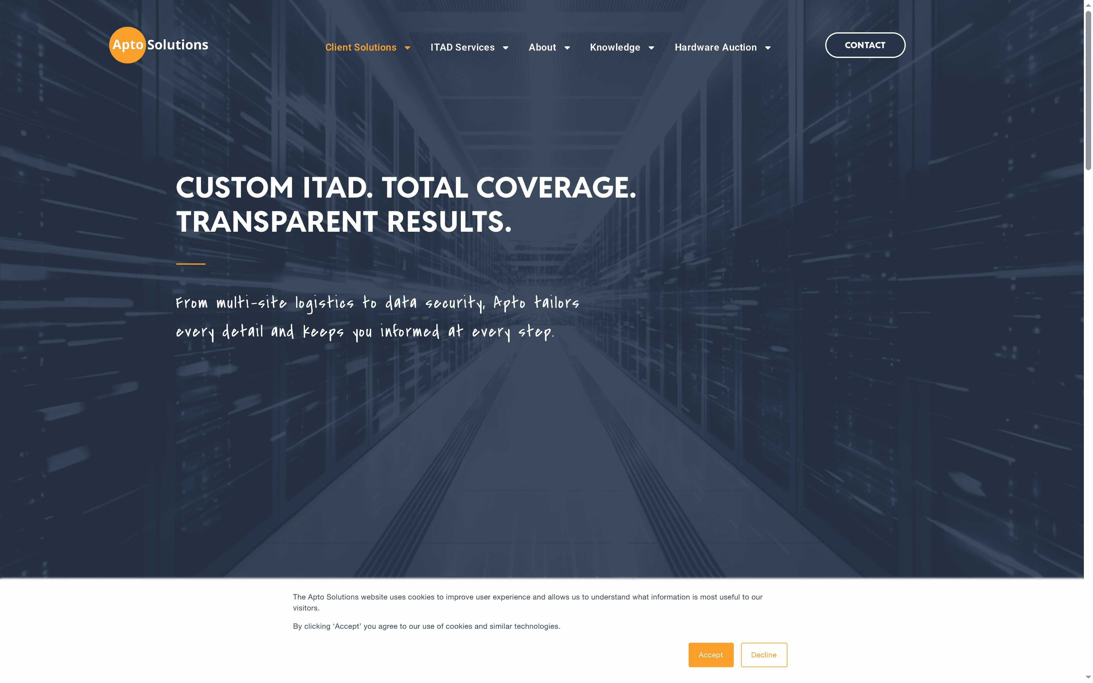 Apto Solutions website showcasing IT asset disposition services, featuring data security and logistics imagery, emphasizing transparency and client engagement.