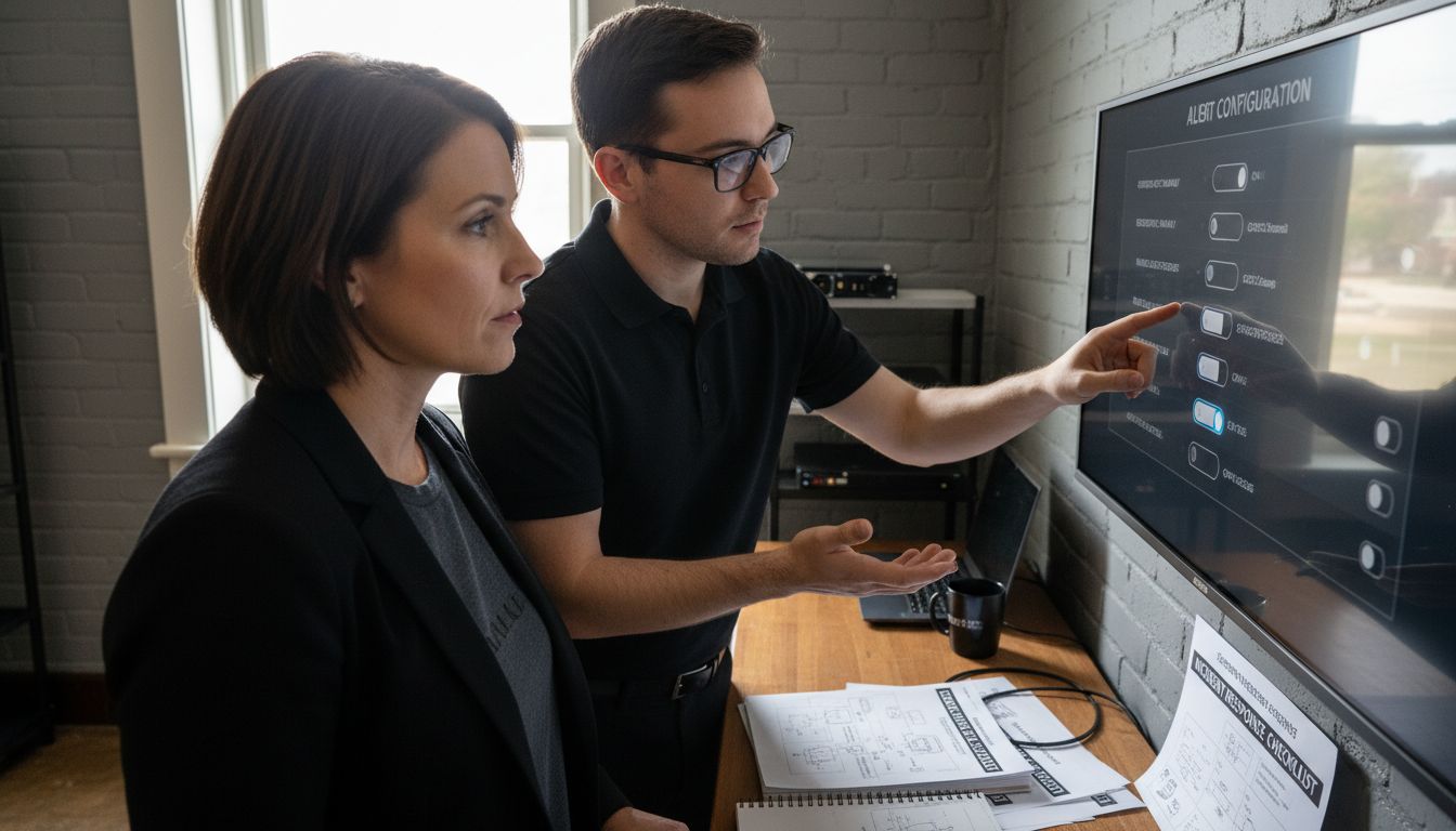 Two professionals discussing alert configuration settings on a digital screen, emphasizing cybersecurity monitoring and response strategies.