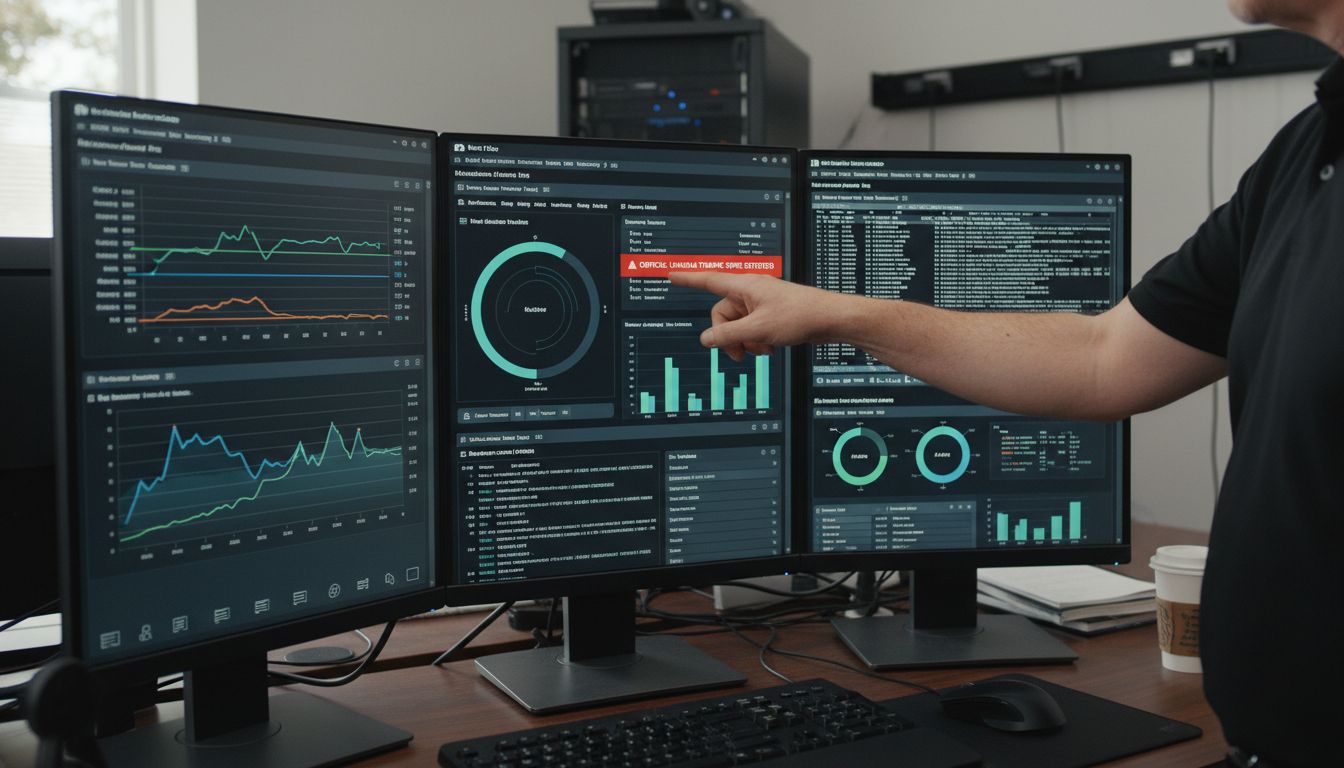 Person pointing at multiple computer monitors displaying network performance graphs, alerts, and data analytics relevant to network monitoring and performance assessment for small and medium-sized businesses.