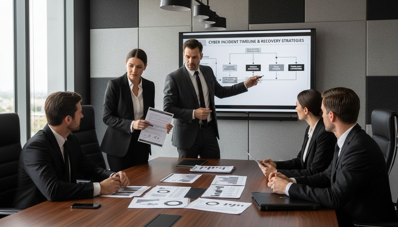 Business meeting discussing cyber incident timeline and recovery strategies, with a presenter pointing at a digital display, while colleagues review documents and charts on a conference table.