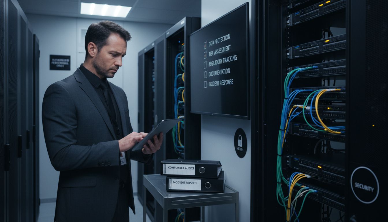 IT professional in a data center reviewing compliance responsibilities on a tablet, with servers and compliance documentation visible, emphasizing data protection and regulatory adherence.