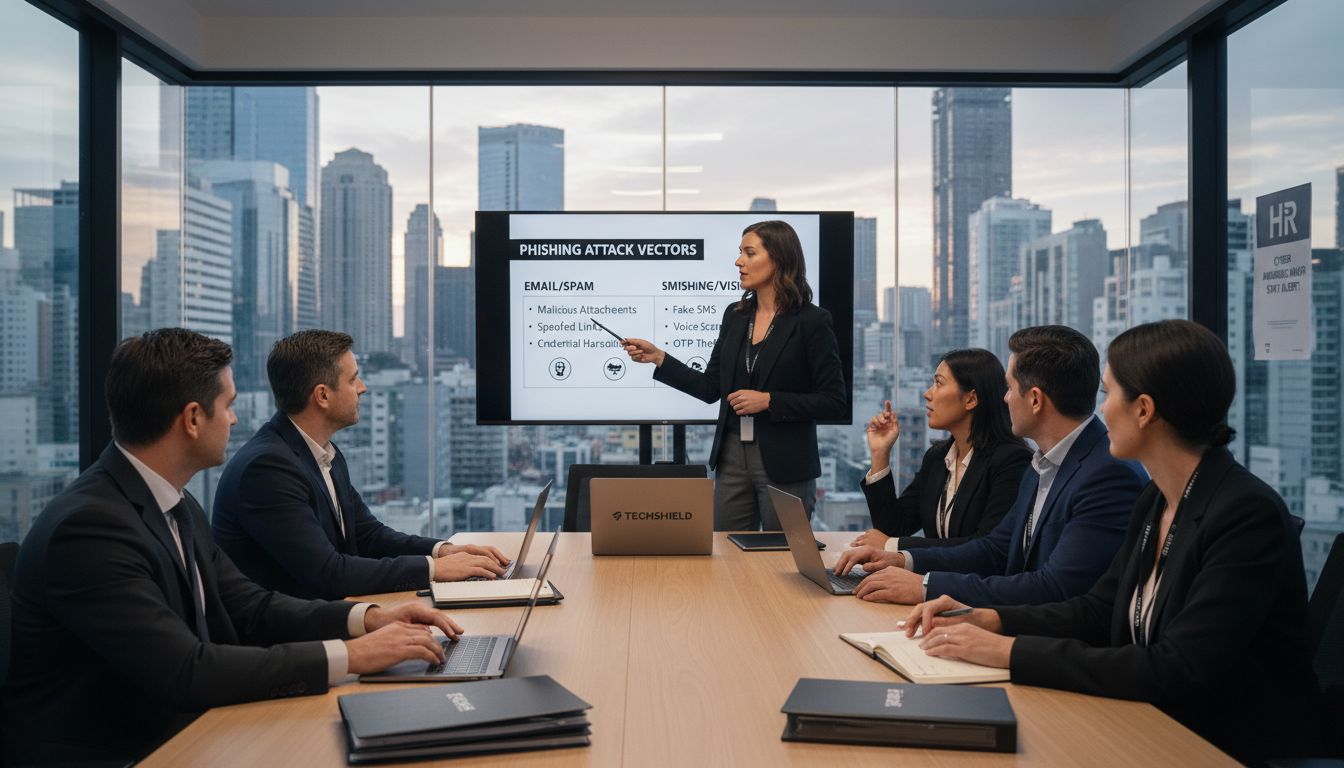 Business meeting discussing phishing attack vectors, including email, spam, smishing, and vishing, with a presenter pointing to a screen displaying key information in a modern office setting.