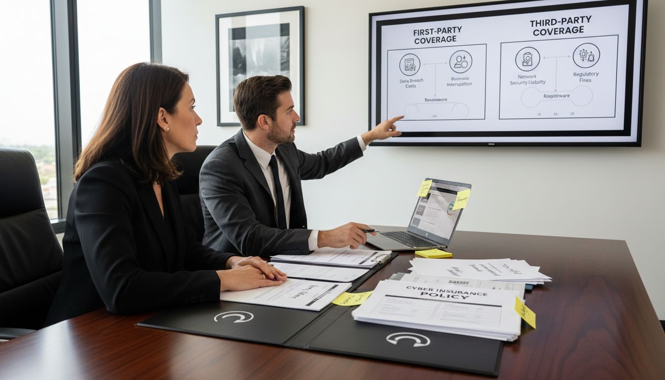 Business professionals discussing cyber insurance coverage, with a presentation on first-party and third-party coverage displayed on a screen, and documents labeled 'Cyber Insurance Policy' on the table.