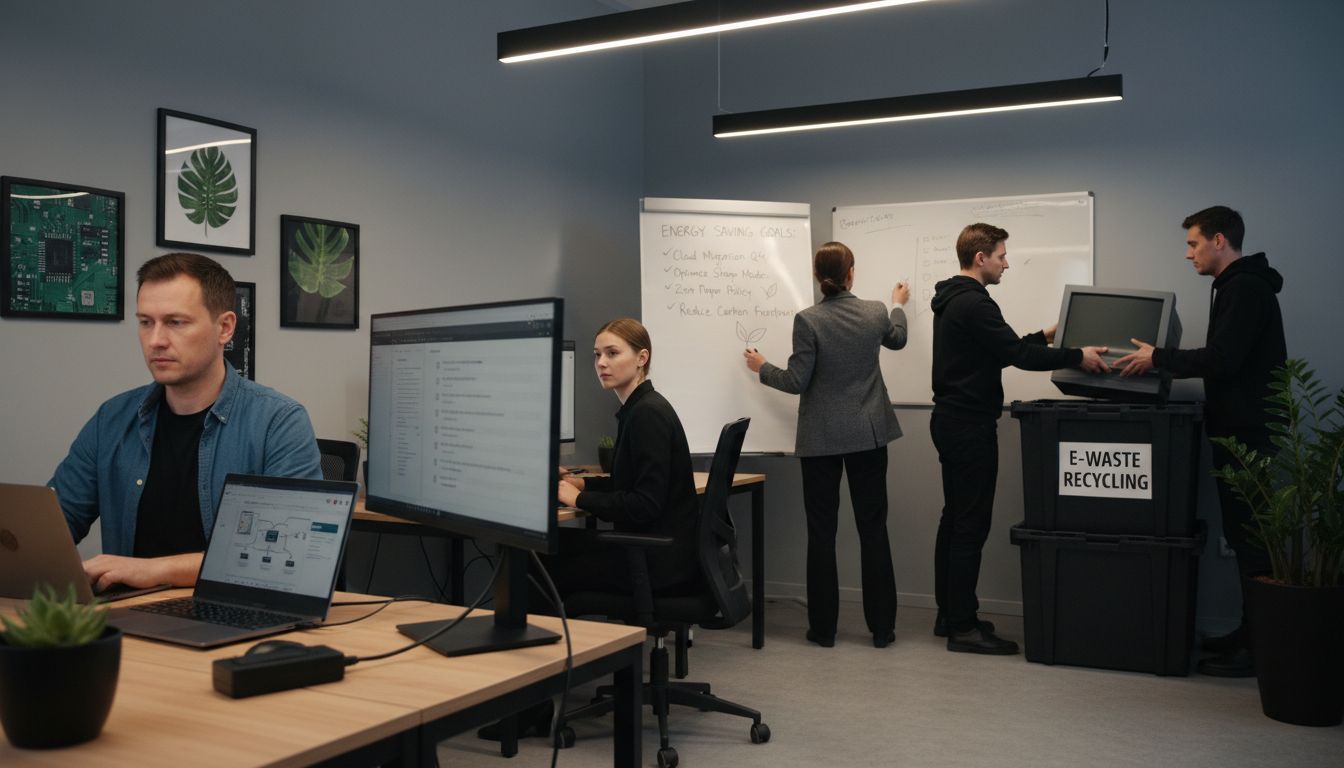 Office setting with professionals discussing energy-saving goals, featuring a woman writing on a whiteboard, a man recycling e-waste, and individuals using computers, emphasizing green IT practices and sustainable technology management.
