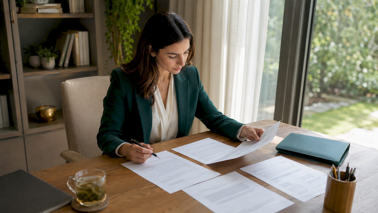 Woman reviewing job offer documents at home