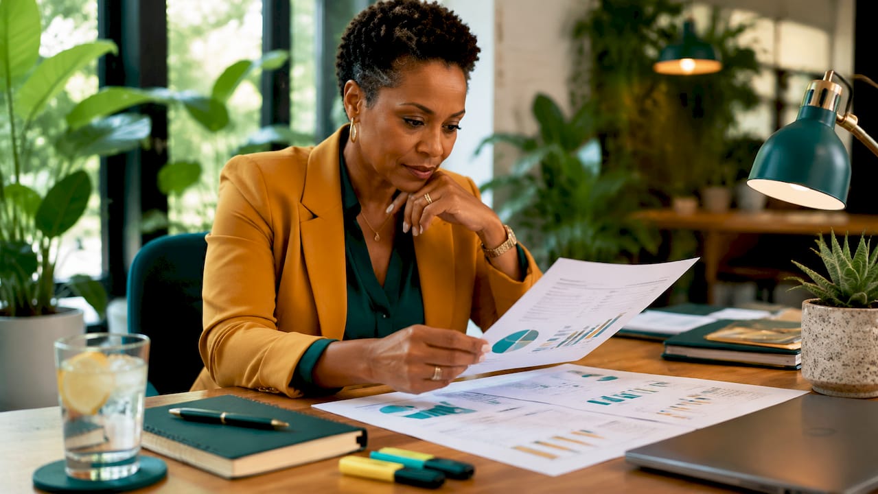 Professional woman reviewing salary documents at desk