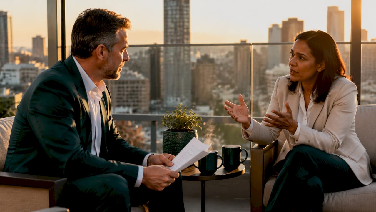 Two professionals discussing signing bonus terms