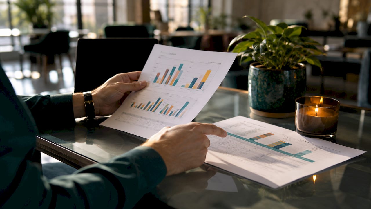 Close-up of hands comparing salary data documents