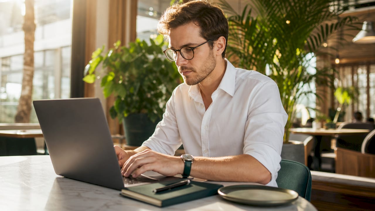 Man analyzing pay differences on laptop
