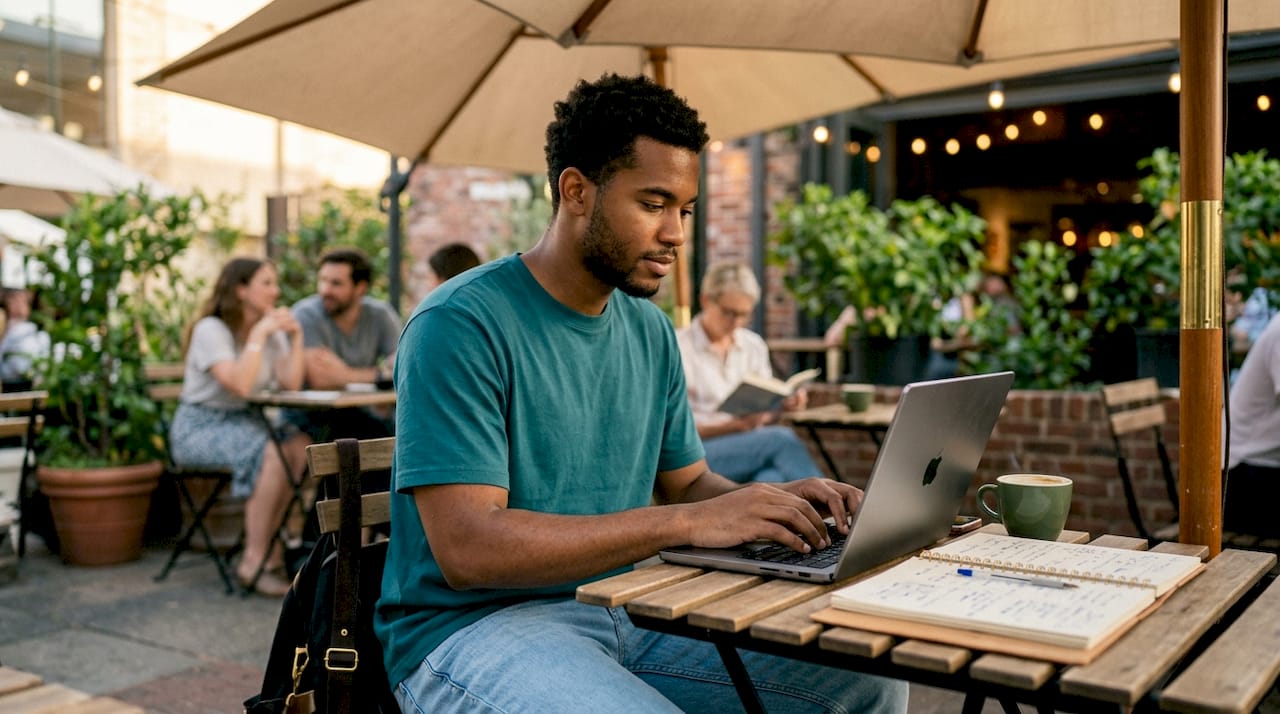 Hands typing on laptop in coffee shop