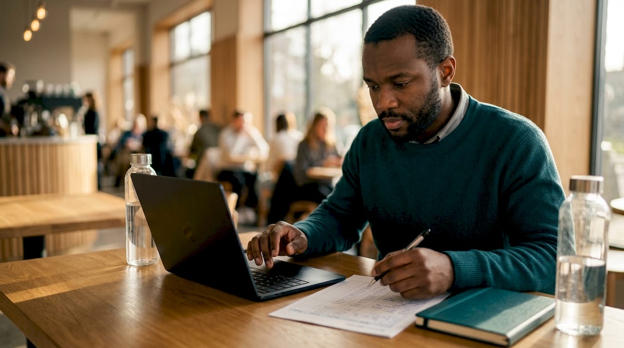 Man typing and analyzing compensation spreadsheet at office