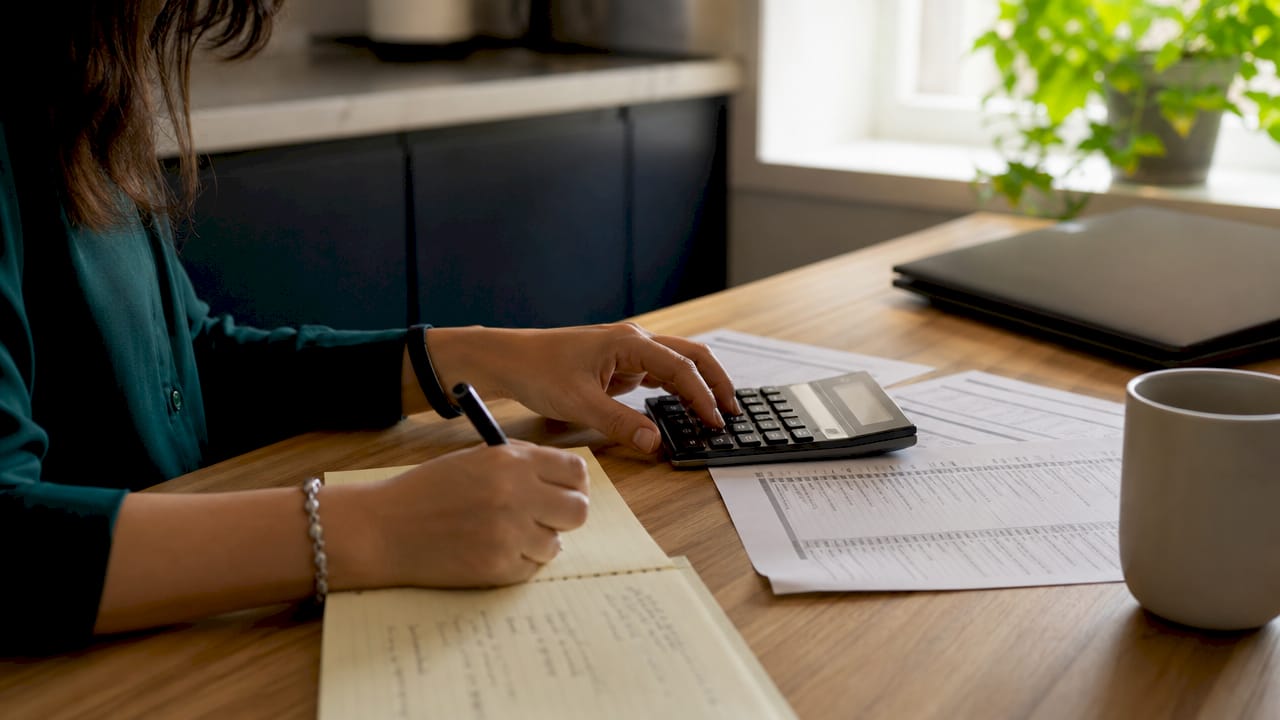 Hands calculating compensation components on desk