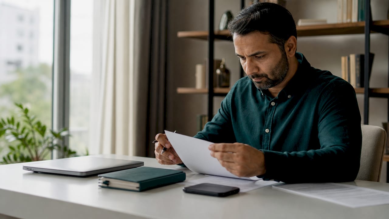Professional reviewing salary documents at office desk