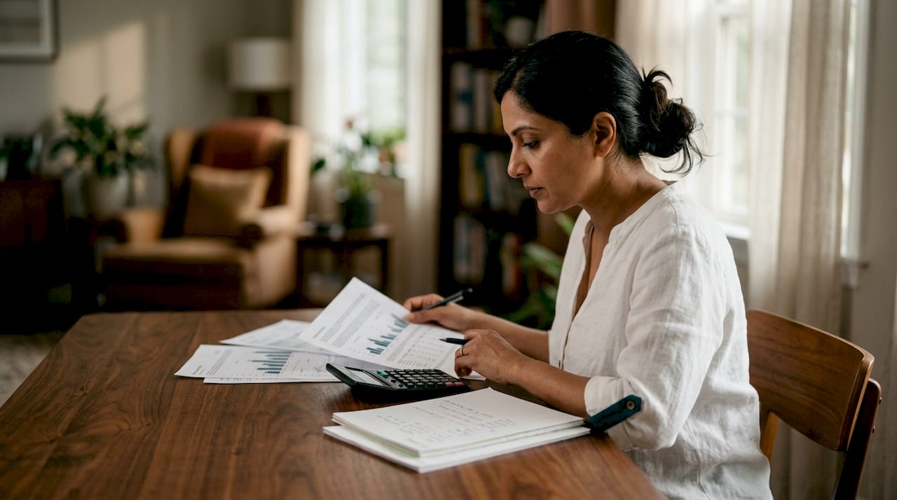 Woman reviewing salary reports in home office