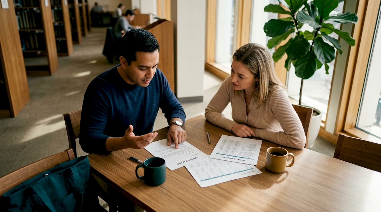 Coworkers discussing salary documents in café