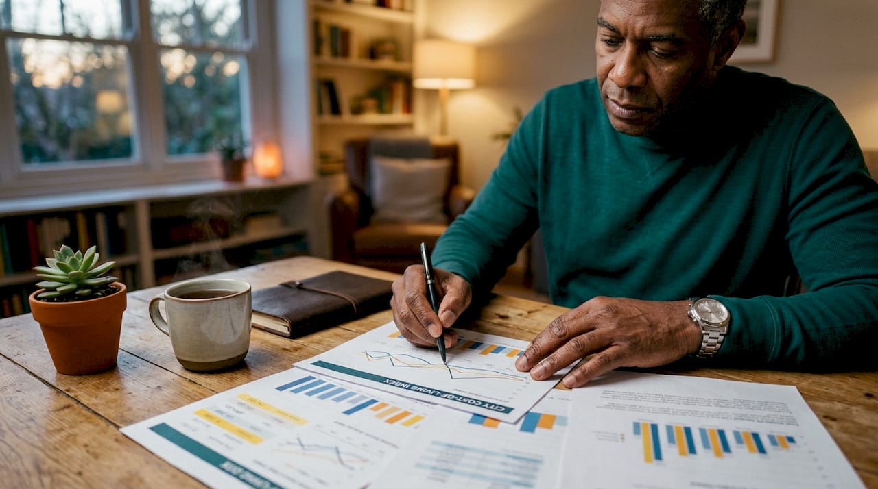 Hands pointing at cost of living index charts overhead