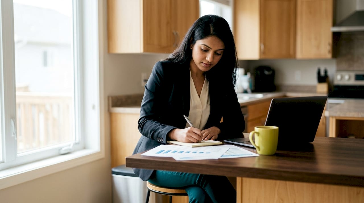 Woman reviewing salary benchmark charts at home desk