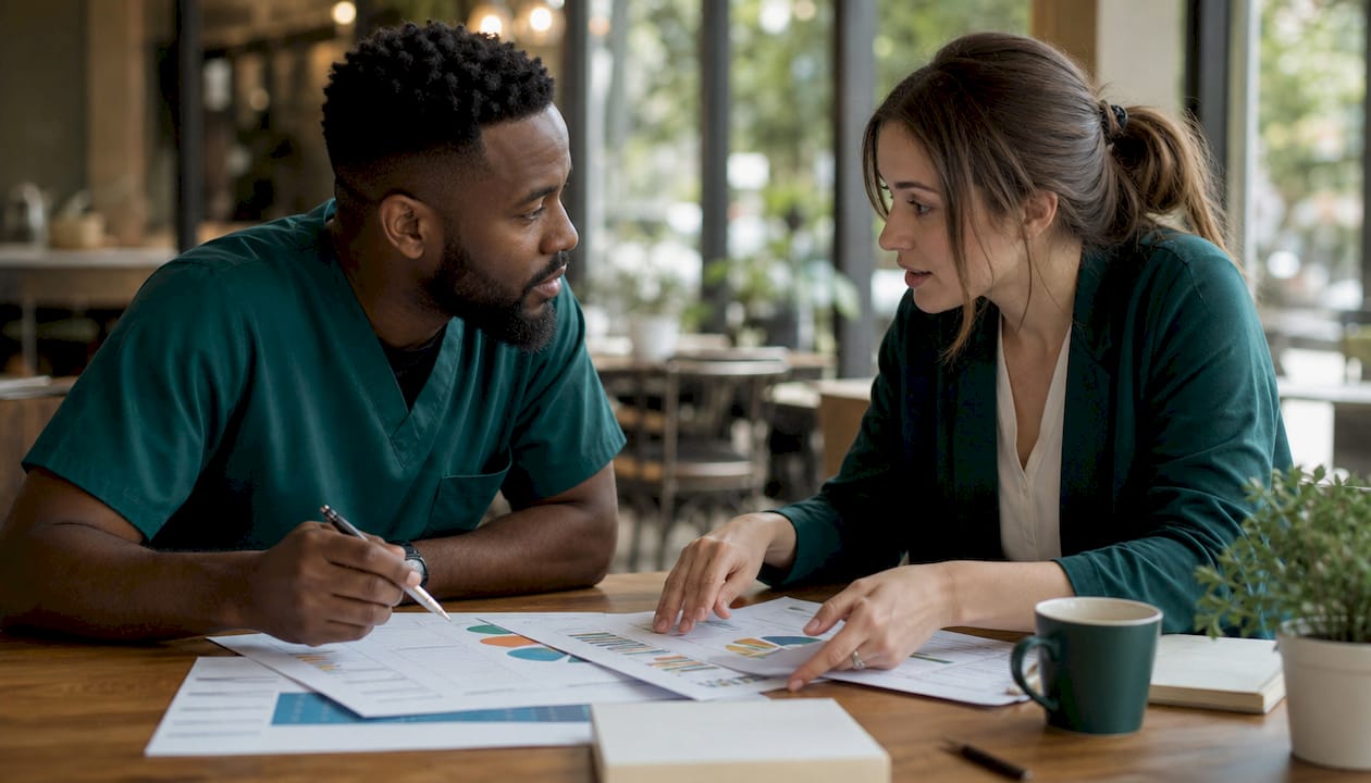 Healthcare and tech professionals discussing salary