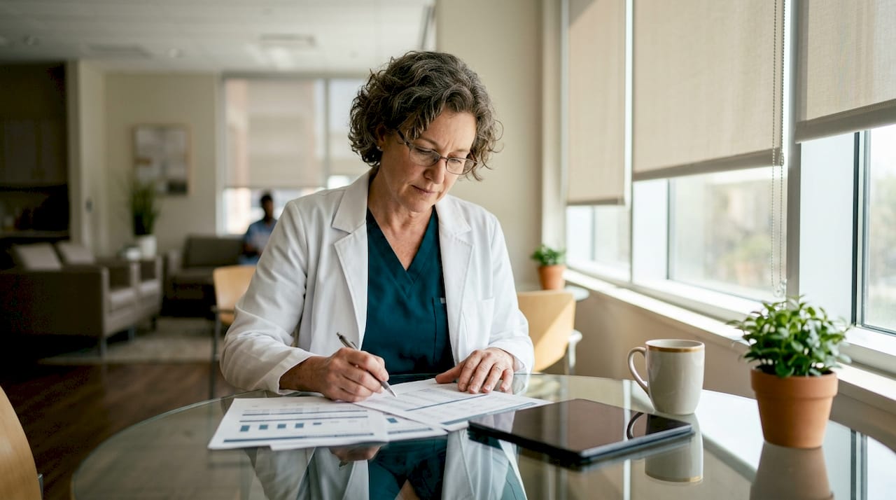Physician reviewing salary benchmarks at desk
