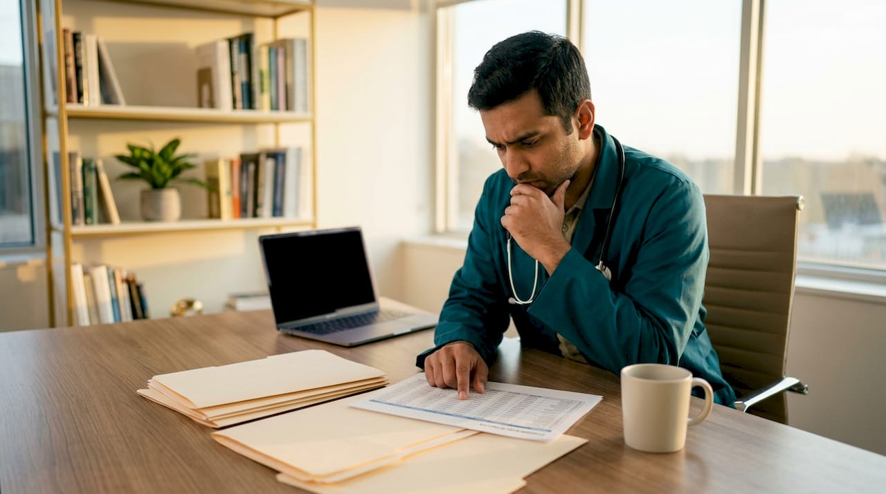 Overhead view of doctor analyzing salary data