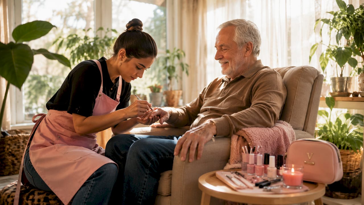 Professional providing safe nail care to elderly man