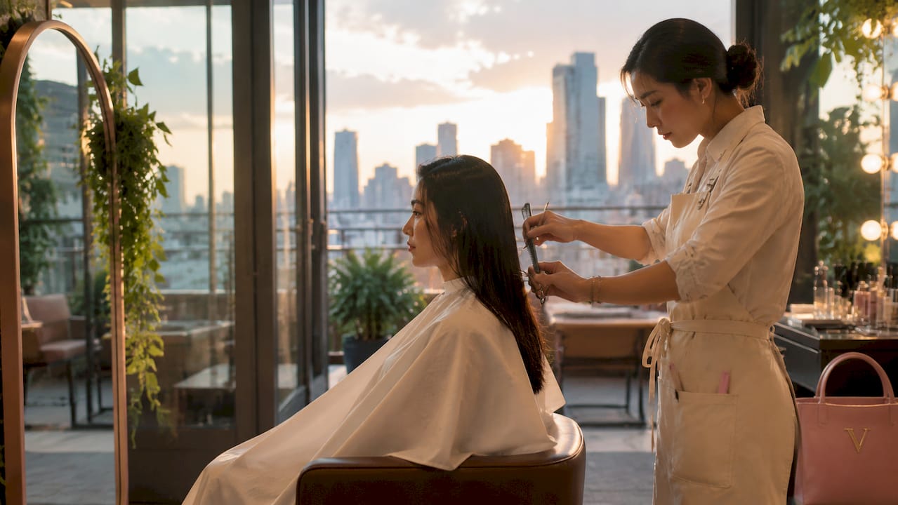 Hotel stylist cutting guest's hair