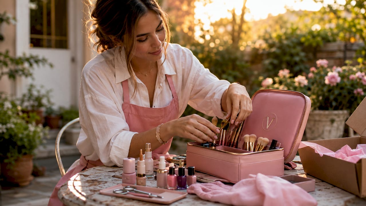 Beauty professional preparing mobile kit at home