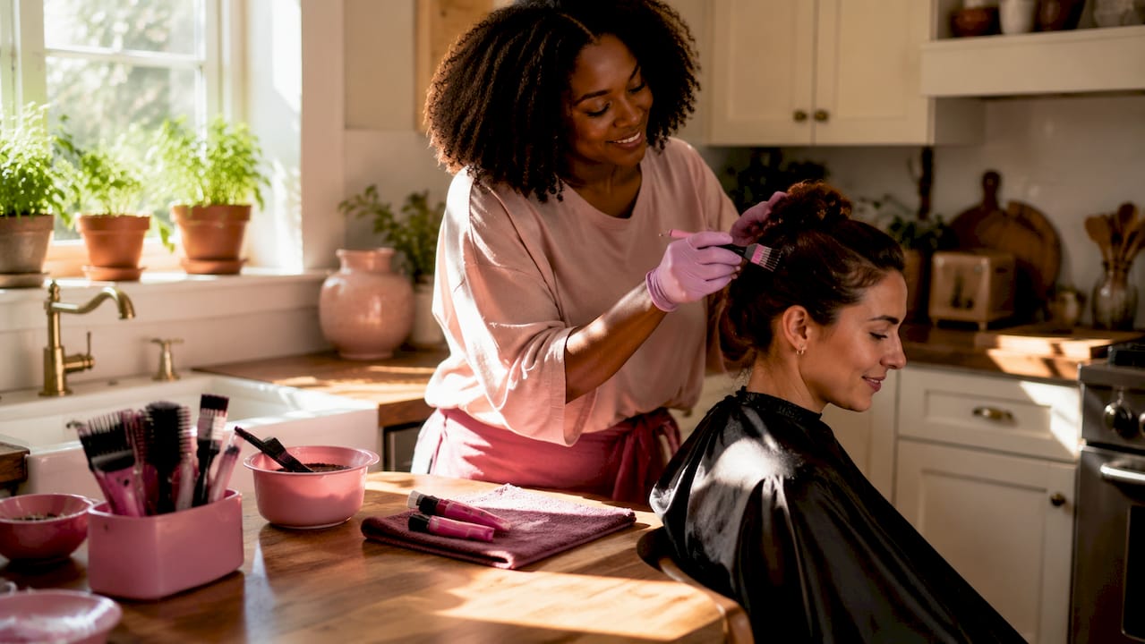 Mobile hair colorist applying color in home