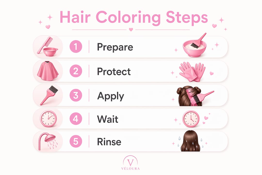 Infographic showing five key hair coloring steps
