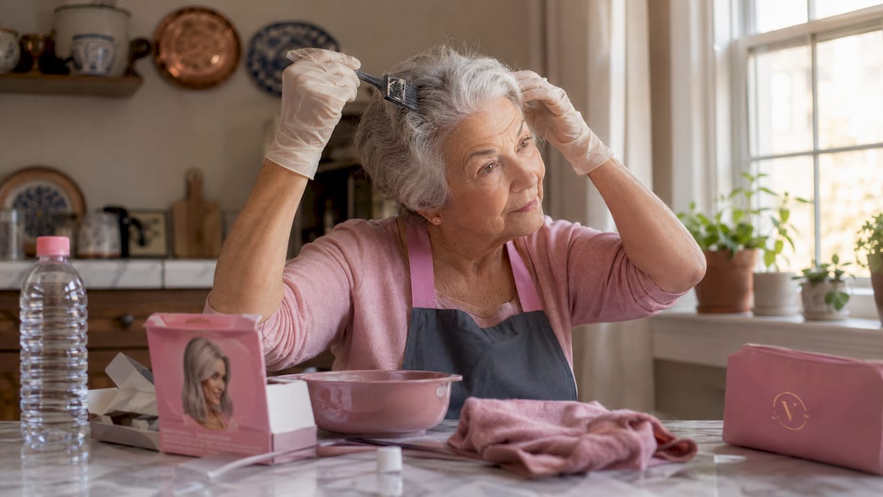 Senior woman applying hair color at home bathroom