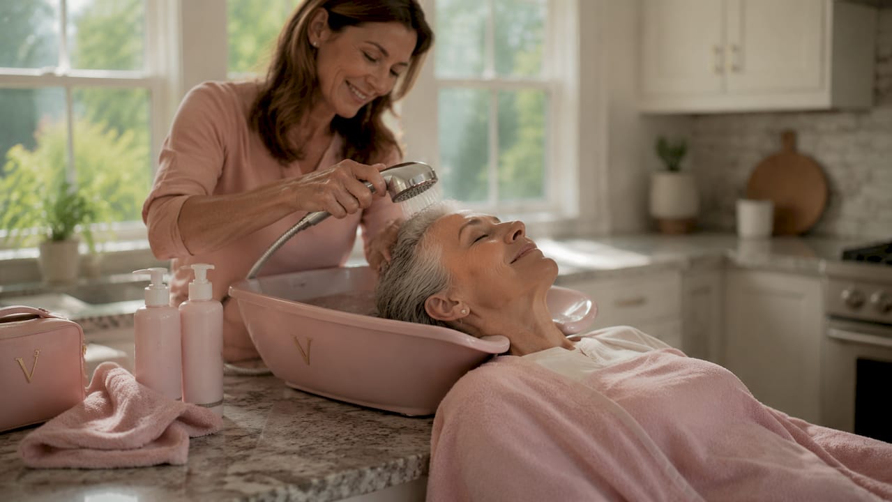 Caregiver washing elderly woman's hair safely at home