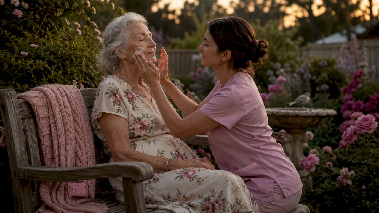 Senior woman receiving gentle facial care