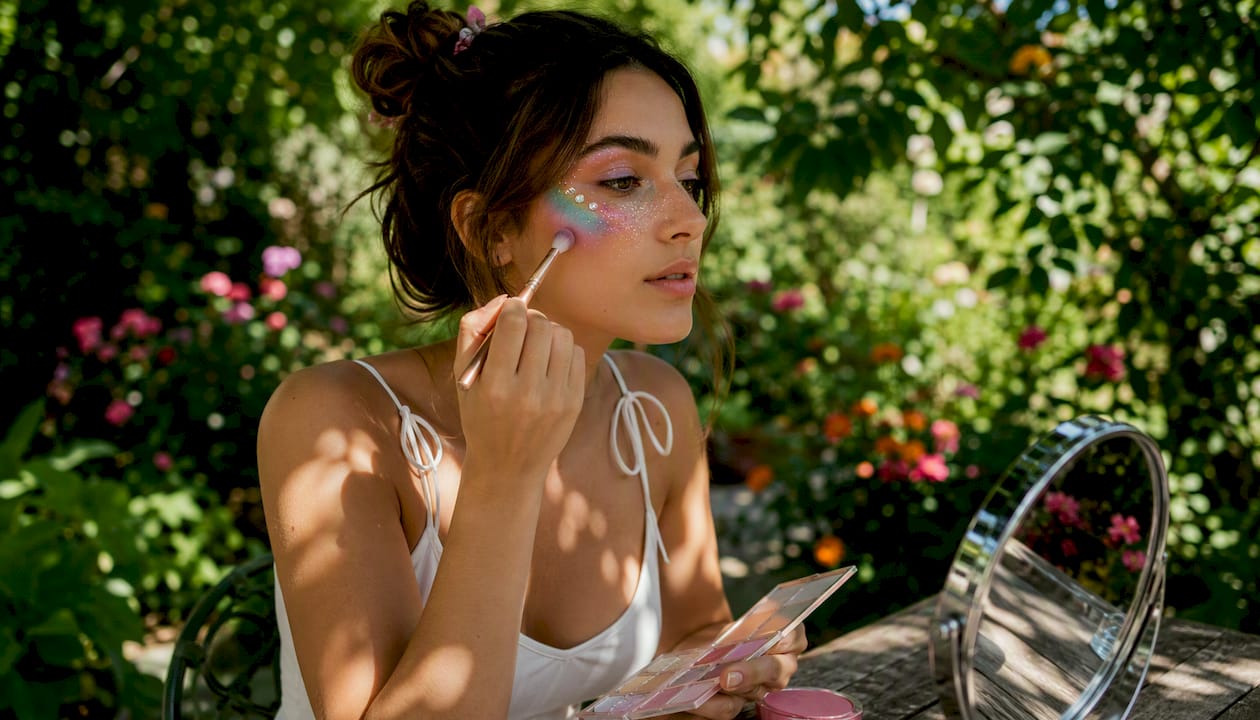 Woman applying pastel fairy makeup