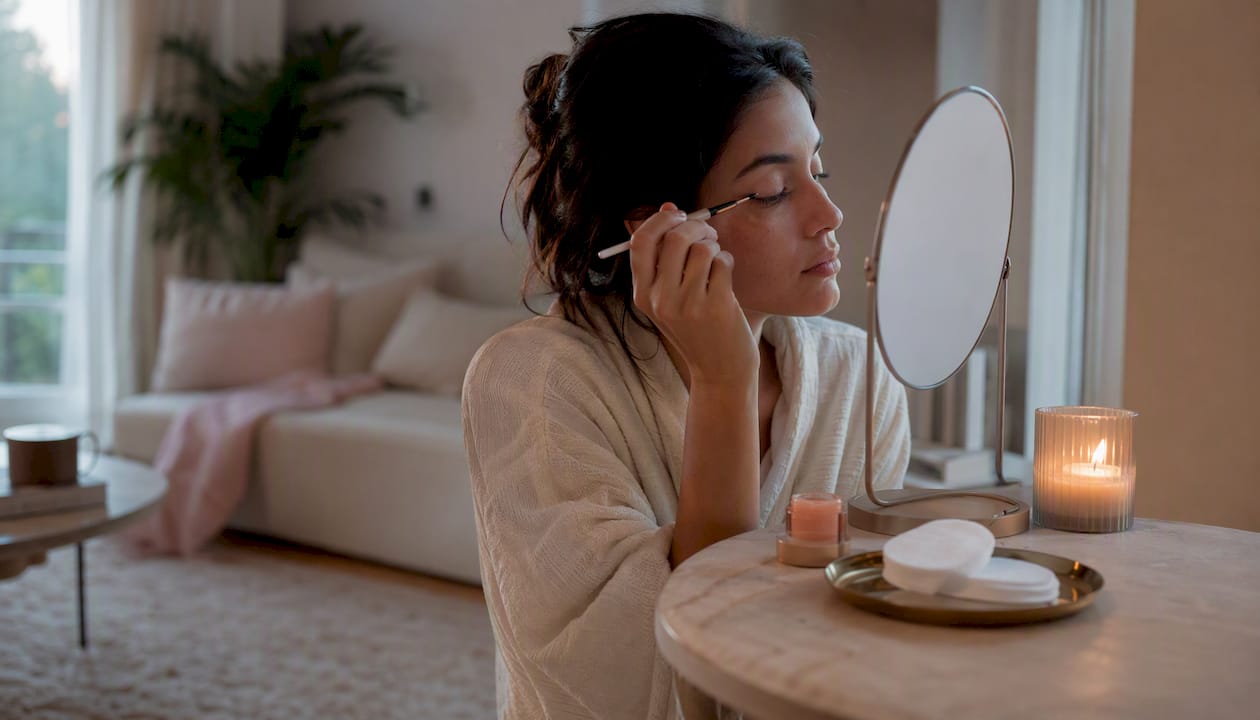 Woman applying nourishing lash serum close-up
