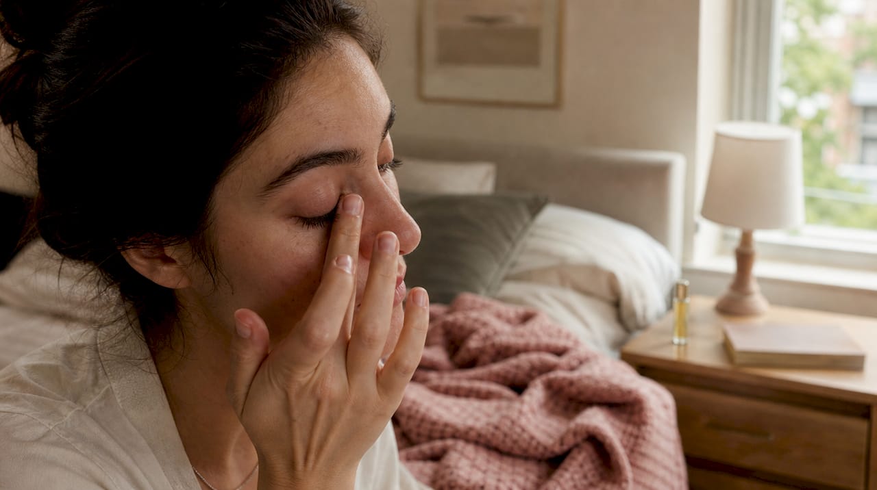 Gentle touch on irritated eyelid close-up