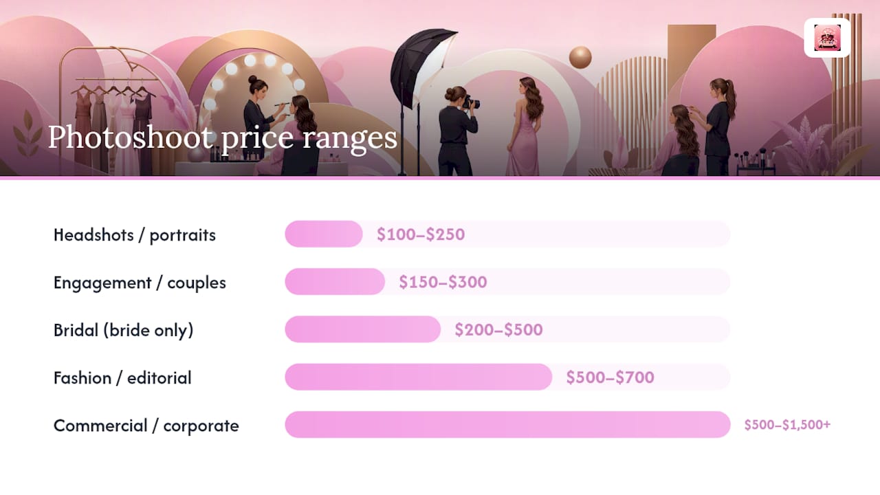 Diagram of photoshoot makeup pricing by shoot type