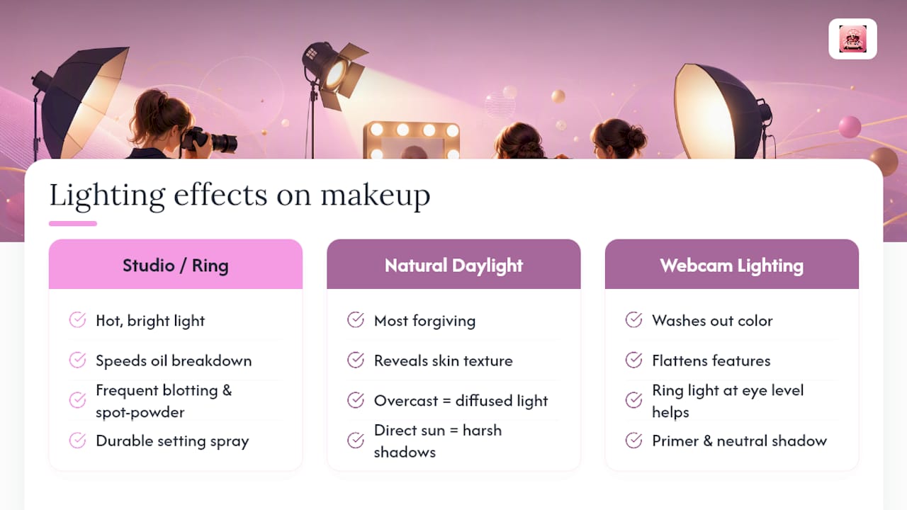 Makeup adjustments for three lighting types