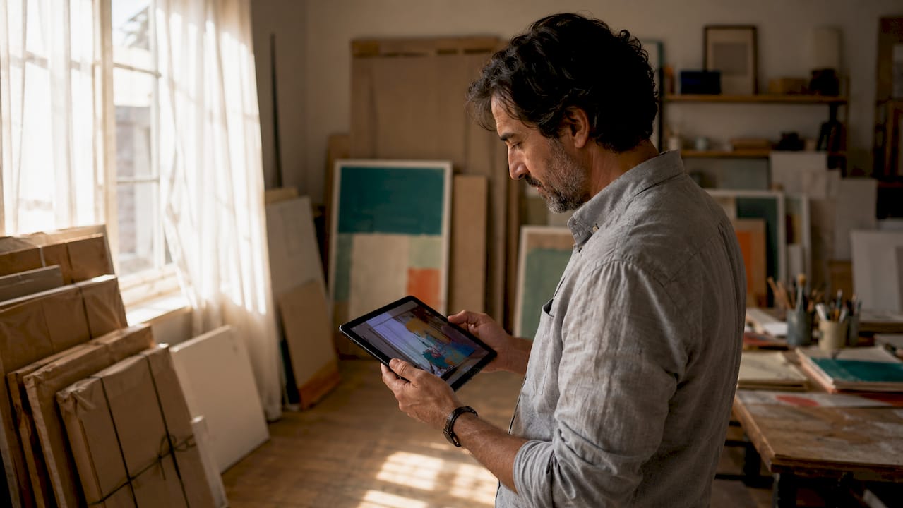 Hands holding tablet verifying art objects in storage