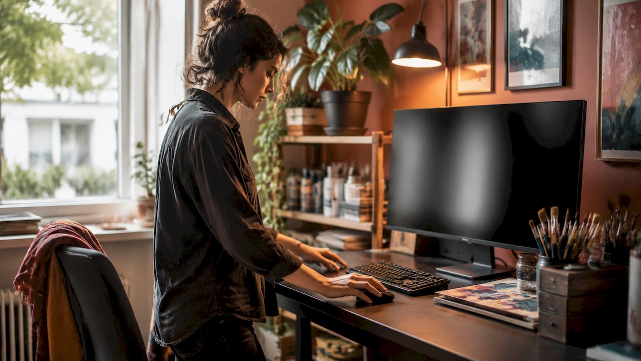 Artist hands organizing digital art files