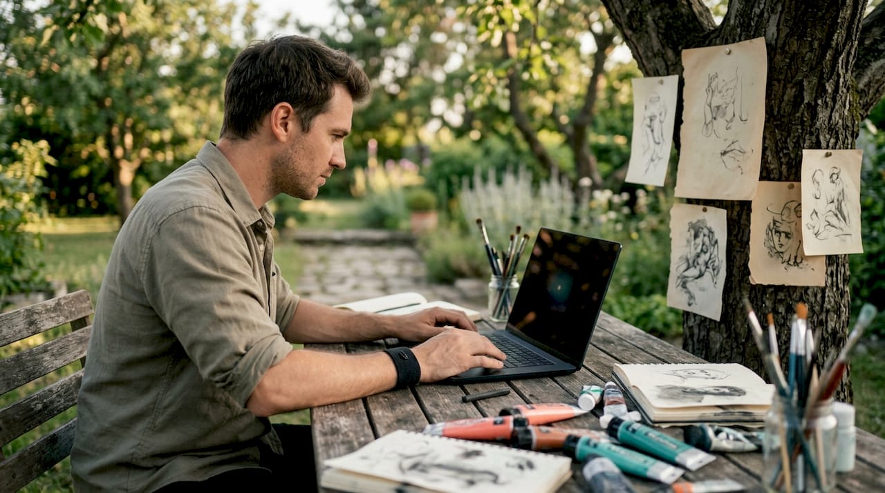 Hands typing on laptop in artist's home office