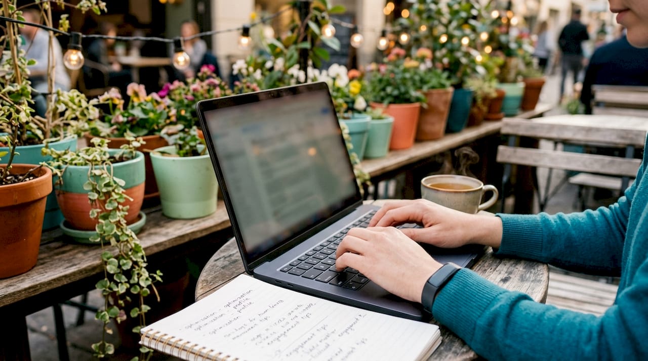 Hands typing on laptop optimizing digital profile