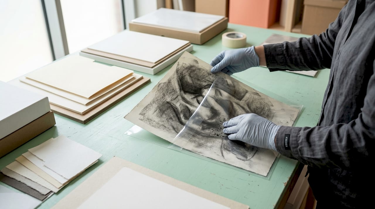 Hands placing charcoal drawing into archival storage