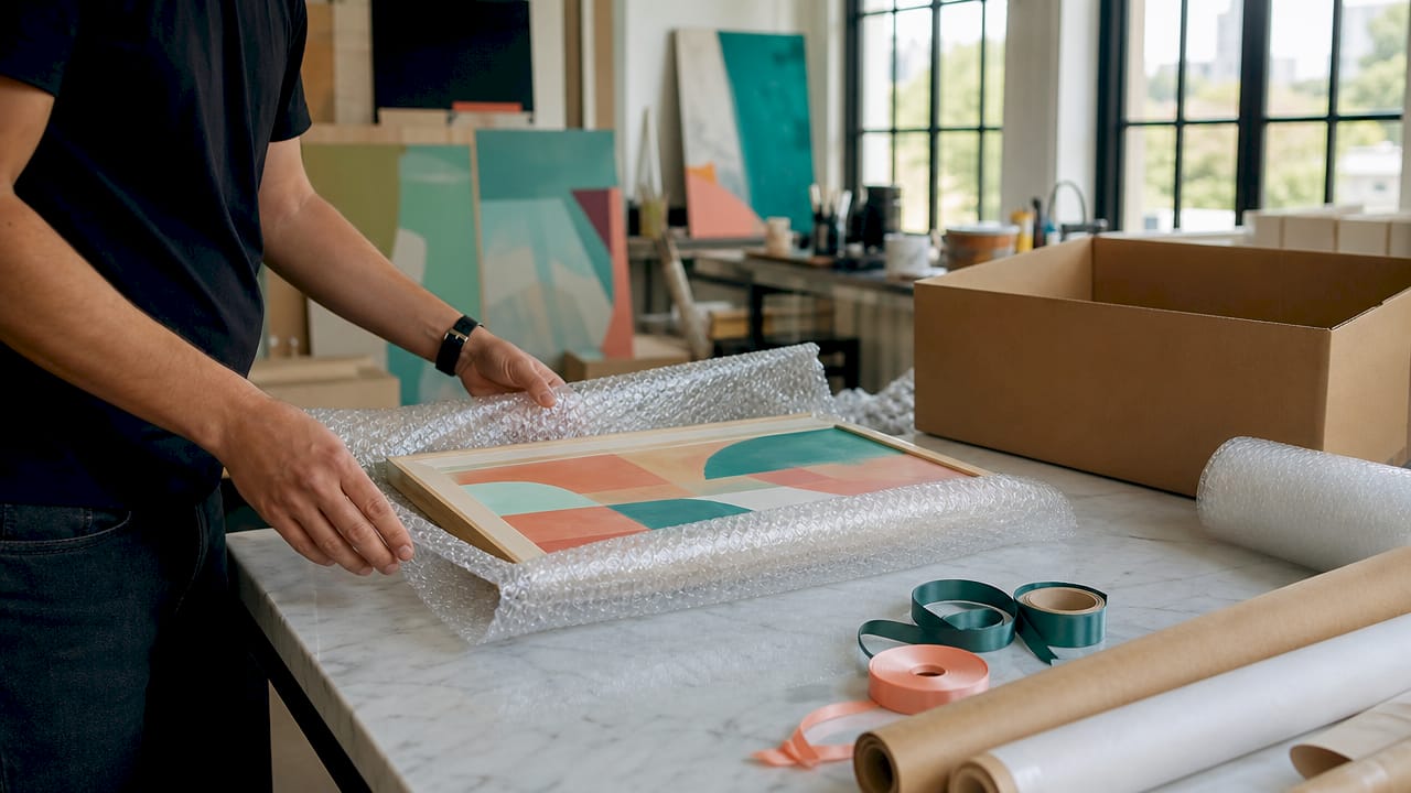 Hands packaging artwork carefully for return shipping