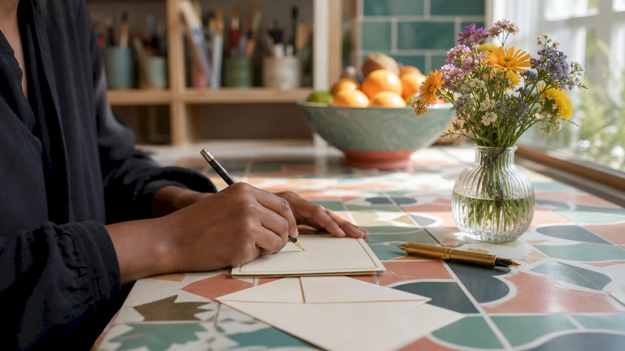 Hands writing thank-you note at desk