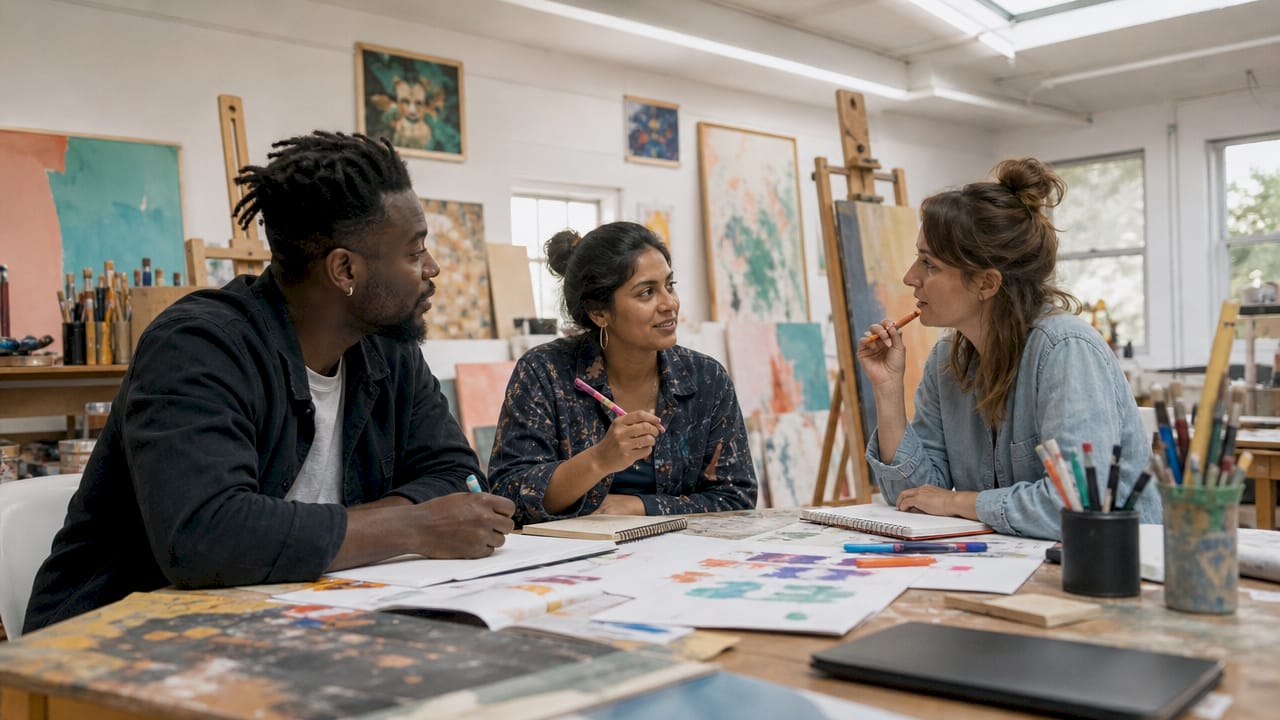 Diverse artists discussing marketing tools in co-working space