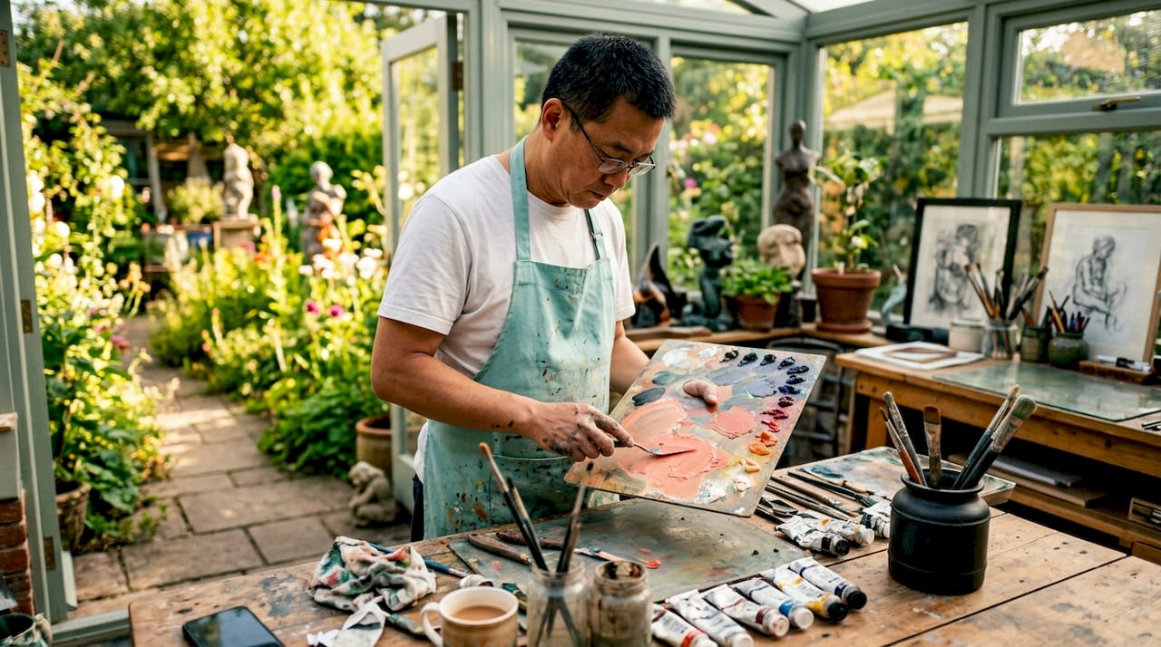 Artist mixing oil paints in studio