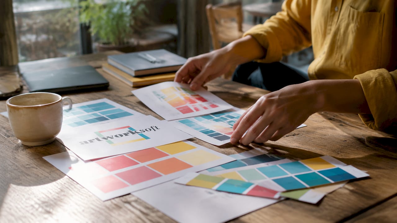 Hands arranging logo and color palette samples on table
